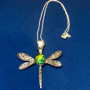925 Sterling Silver Stamped Triple Opal Dragon Fly Necklace.